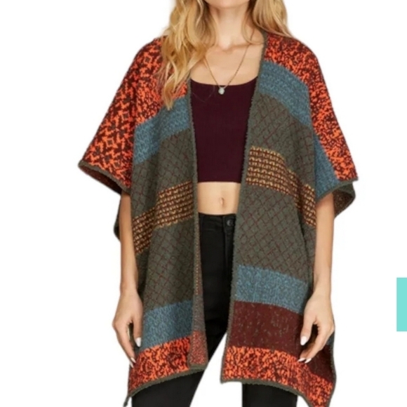 She + Sky Sweaters - Colorful Chenille Open Side Poncho Caridgan Sweater S/M Boho Fall Colors